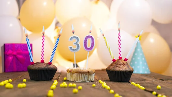 Beautiful Birthday Card Girl Number Cupcake Background Balloons Happy 30Th — Zdjęcie stockowe