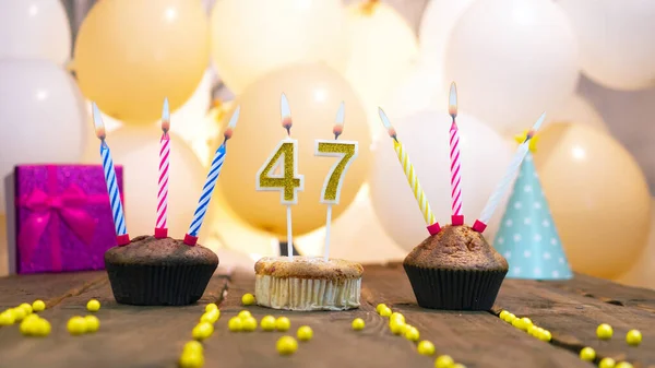 Beautiful Card Happy Birthday Woman Number Cupcake Background Balloons Happy — Zdjęcie stockowe