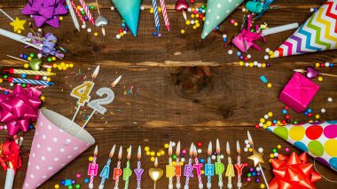 Top view of decoration birthday copy space. Happy birthday for forty-two years old. Beautiful congratulations for 42 years