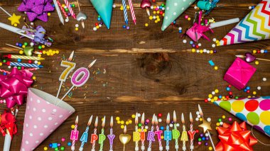 Top view of decoration birthday copy space. Happy birthday to seventy years old. Beautiful congratulations for 70 years