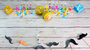 Birthday number 1. Top view happy birthday candles, save space. Mustache barber shop congratulations on your birthday