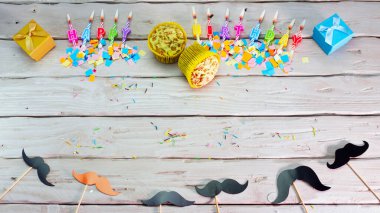 Top view happy birthday candles, copy space. Mustache barber shop congratulations on your birthday