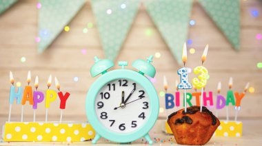 Happy birthday greeting card with muffin pie and retro clock on clock hands new birth. Beautiful background with decorations festive happy birthday decoration with number 13