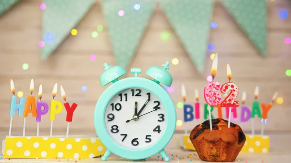 Happy birthday greeting card with muffin pie and retro clock on clock hands new birth. Beautiful background with decorations festive happy birthday decoration with number 62