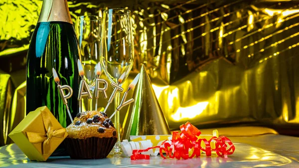 Happy birthday background with champagne glasses with party cake. Beautiful birthday card with decorations copy space.
