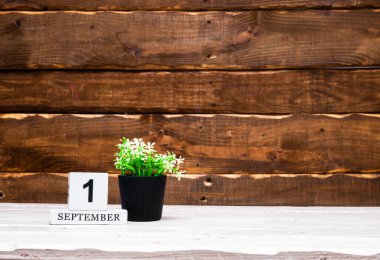 September calendar with number  1. Planner copy space on a wooden brown background. March number icon. Place for text background calendar