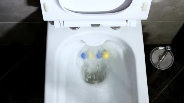 Górny Widok Spłuczki Wody Toalecie Nowoczesna Toaleta Wnętrzu Pachnące Kulki — Wideo stockowe