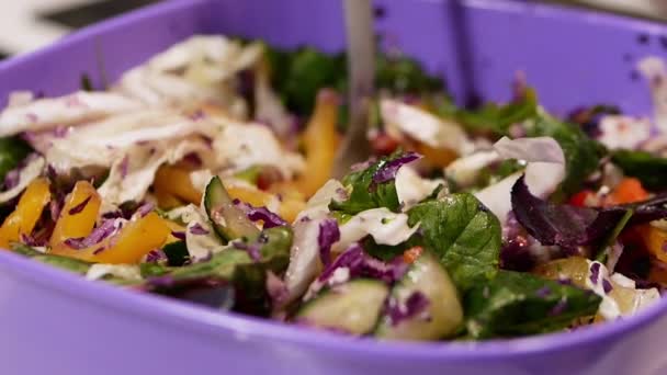 Healthy Food Concept Arugula Salad Mix Vegetables Close Fork Eat — Stock video