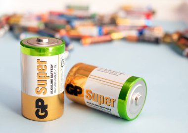 Batteries are big for devices. Alkaline batteries GP super LR20, copyspace. Editorial Ukraine 12.02.2023
