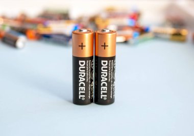 Batteries finger for devices. Alkaline batteries Duracell, copyspace. Editorial Ukraine 12.02.2023