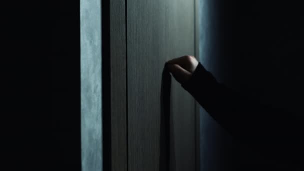 Man Knocks Horror Door Hand Man Black Jacket Sleeve Knocking – stockvideo