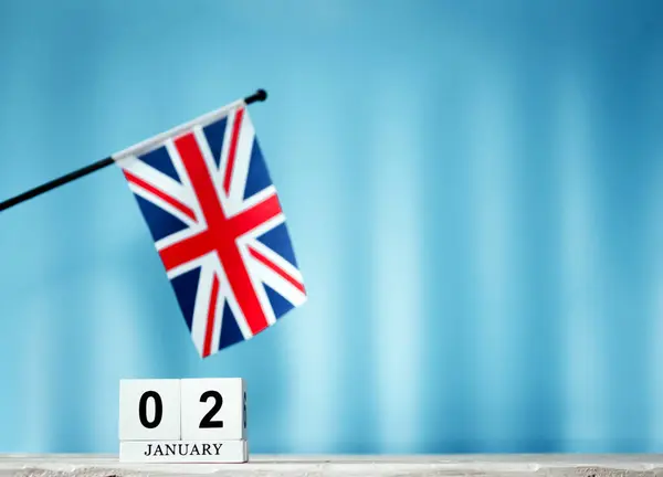 Calendário Janeiro Com Bandeira Britânica Com Número Cubos Calendário Com — Fotografia de Stock
