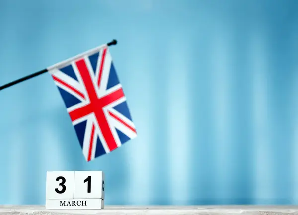 Calendário Março Com Bandeira Britânica Com Número Cubos Calendário Com — Fotografia de Stock