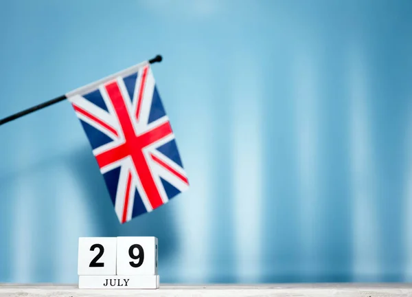 July Calendar British Flag Number Calendar Cubes Numbers Space Copy — Stock Photo, Image