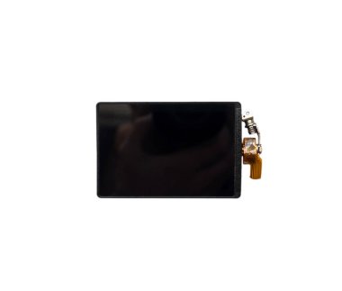 LCD fotoğraf ekipmanları. Beyaz arkaplanda video kamera monitörü var. Ayrıntı, fotoğraf ekipmanları için yedek parça.