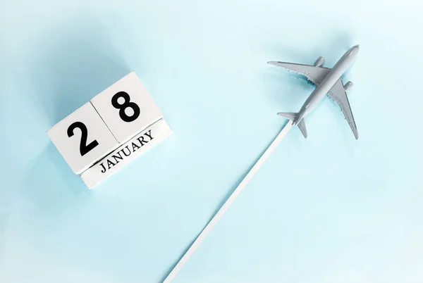 Januar Kalender Med Nummer Top Visning Kalender Med Flyvende Passagerfly - Stock-foto