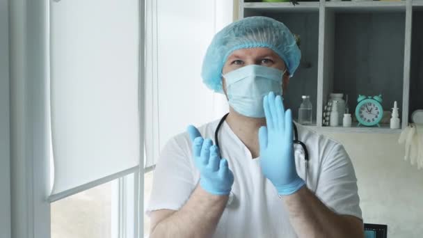 Γιατρός Χειροκροτεί Χειροκροτεί Προσωπογραφία Παιδίατρου Γιατρού Στηθοσκόπιο Ιατρική Μάσκα Και — Αρχείο Βίντεο