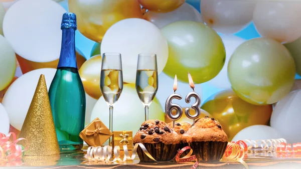 Happy Birthday Champagne Background Number Candles Beautiful Congratulations Copy Space — Stock Photo, Image