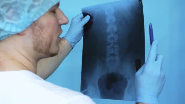 Médico Diagnostica Columna Vertebral Humana Una Radiografía Hospital Trabajador Médico — Vídeos de Stock