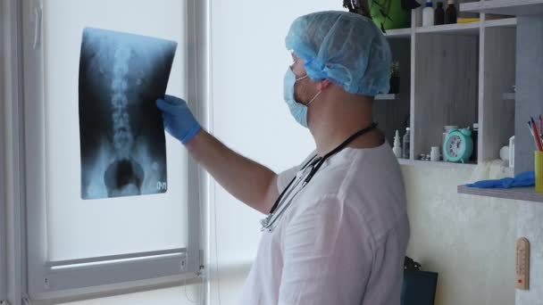 バックX線で事務所の医師 医師は脊椎の疾患 X線を分析します 骨粗しょう症の診断と治療 外科医は脊椎を診断する 超音波による脊髄損傷 — ストック動画