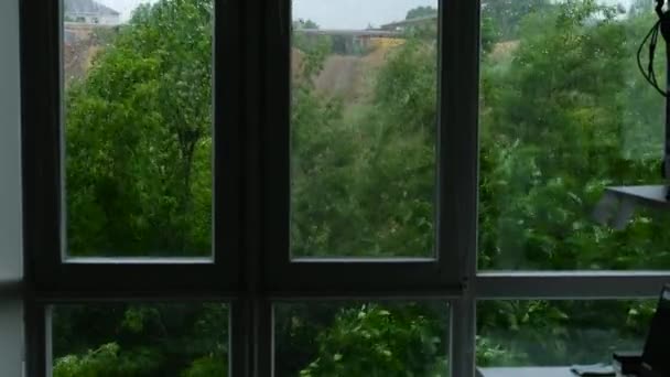 Regn Utanför Fönstret Med Stark Vind Droppar Inte Glas Vackert — Stockvideo