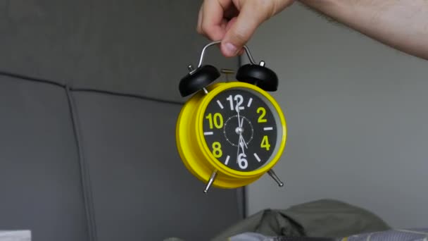 Loudly Ringing Retro Alarm Clock Hand Man Time Get Morning — Stock Video