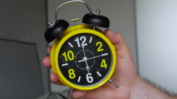 Loudly Ringing Retro Alarm Clock Man Hand Time Get Alarm — Stock Video
