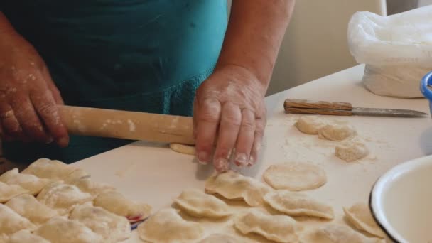 一个女人用面团做饺子和煎饼 在厨房用天然小麦粉做饭 生活方式 做饺子 家庭食品概念 — 图库视频影像