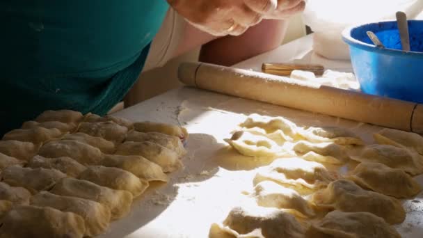 一个女人用面团做饺子 在厨房做饭 生活方式 做饺子 家庭食品概念 — 图库视频影像