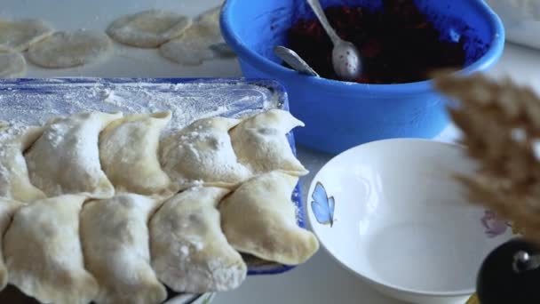 将生饺子放在厨房的桌子上 用面团自制饺子 食物是手工做的 — 图库视频影像