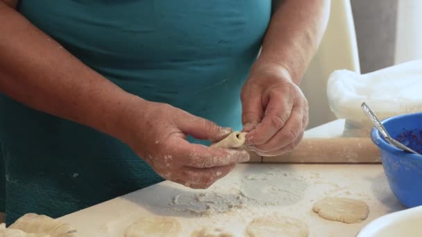 Äldre Kvinna Skulpterar Dumplings Och Pannkakor Från Deg Matlagning Mat — Stockvideo