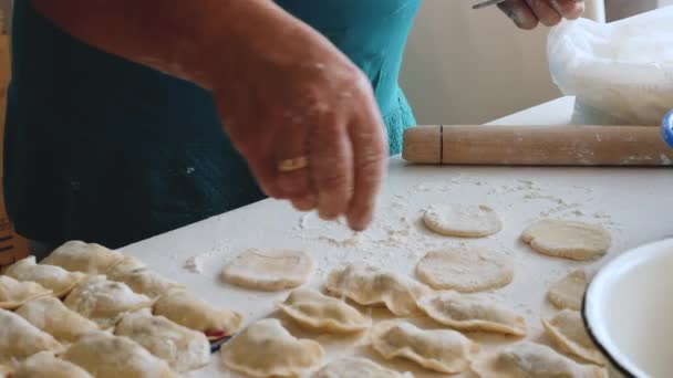 一位老年妇女用面团做饺子和煎饼 用天然小麦粉在厨房里做饭 生活方式 做饺子 家庭食品简况 — 图库视频影像