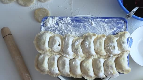 Ovanifrån Dumplings Appetizing Skulpterade Dumplings Köksbordet Hemmagjorda Dumplings Gjutna Deg — Stockvideo