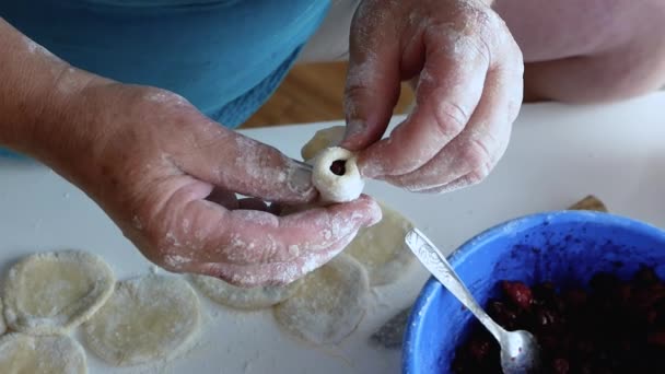 Kvinna Skulpterar Dumplings Med Potatis Från Deg Matlagning Mat Köket — Stockvideo