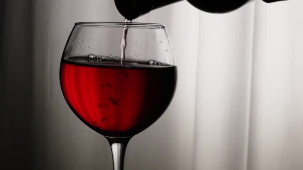 クローズアップ 赤ワインをグラスに注ぐ ワイングラスにグレープワイン グラスにワインのシルエット アルコールドリンクレッド — ストック動画