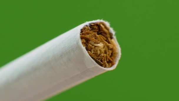 Close Tobacco Cigarette Set Fire Lighter Cigarette Green Chroma Key — стоковое видео