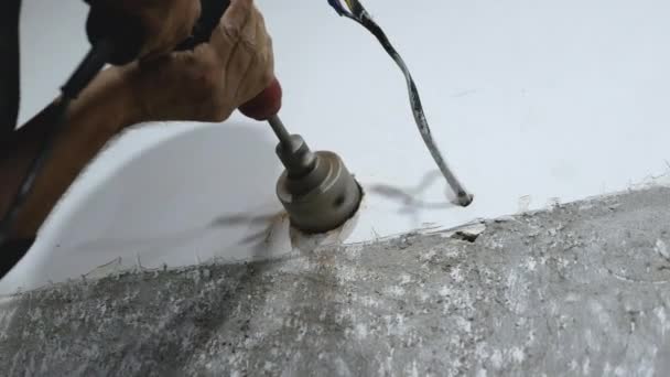 Handyman Drills Hole Mesh Box Socket Male Worker Drill His — Stock Video