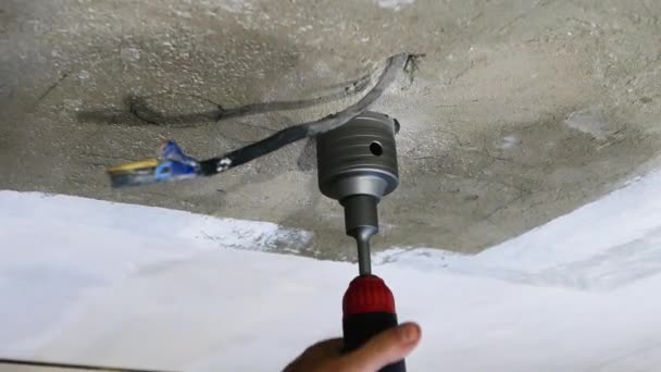 Vue Dessus Installation Boîtiers Prise Dans Mur Ouvrier Perce Une — Video