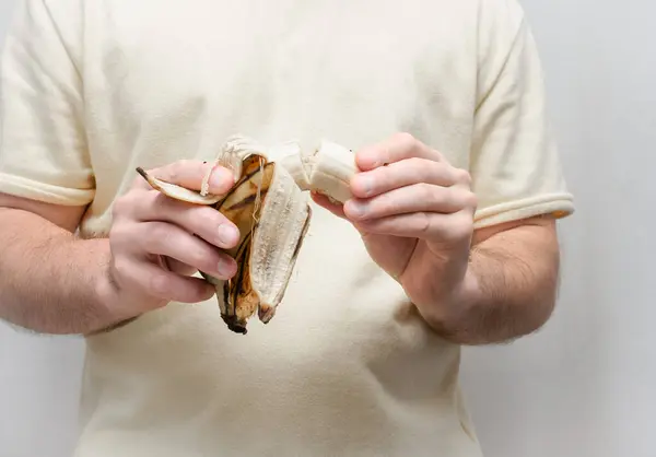 A man breaks off a ripe banana, eats a banana, a man holds a ripe peeled banana in his hands