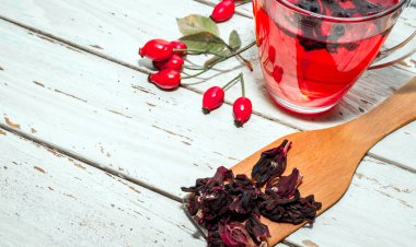 Terapötik gül çayı, şeffaf bir fincanda kırmızı çay, sağlık için bitkisel tortulu gül üzümü. Homeopati, naturopatik çay. meyve suyu