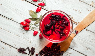 Terapötik gül çayı, şeffaf bir fincanda kırmızı çay, sağlık için bitkisel tortulu gül üzümü. Homeopati, naturopatik çay. meyve suyu