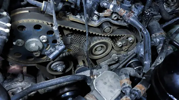Automotive detail, auto mechanic demonstrates auto parts for cars. Car repair. Car repair under the hood.