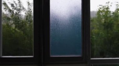 Yağmur fırtınası. Dairedeki panoramik pencerelerin arka planına karşı yağmur. Rüzgar, ağaçları şiddetli yağmurdan sallıyor. İklim değişikliği kavramı