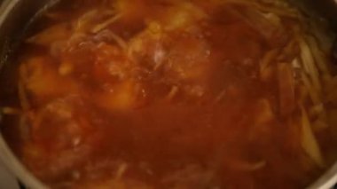 Bouillabaisse çorbası. Deniz mahsullü kırmızı çorba, tencerede kaynatılmış. Gazlı fırında geleneksel Ukrayna çorbası pişir. Yakın plan.