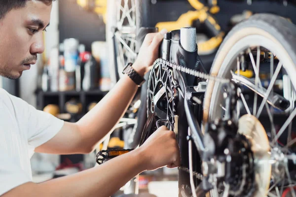 Técnico Hace Ajustes Crankset Reparar Cambio Marchas Una Bicicleta Plegable —  Fotos de Stock