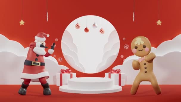 クリスマス ポディウムのモックアップは 面白いサンタとクッキーのアニメーションをループさせ 赤い背景に隔離された空の台座と丸い空白の白いボードの近くで踊ります 3Dレンダリング — ストック動画