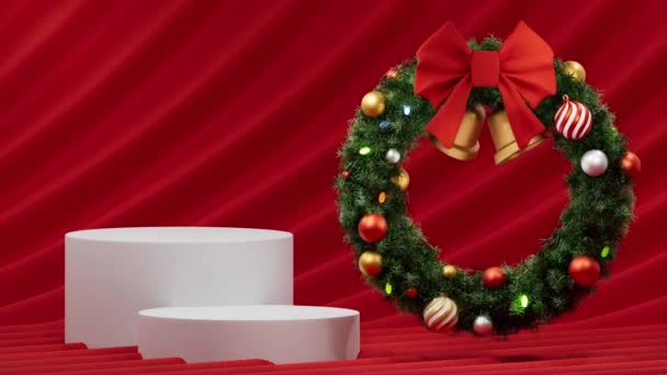 Navidad Vitrina Corona Animación Aislada Sobre Fondo Rojo Renderizado — Vídeos de Stock