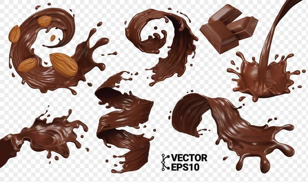 Chocolate Splash Isolieren Realistische Vektor Eps Set Stücke Von Schokolade — Stockvektor