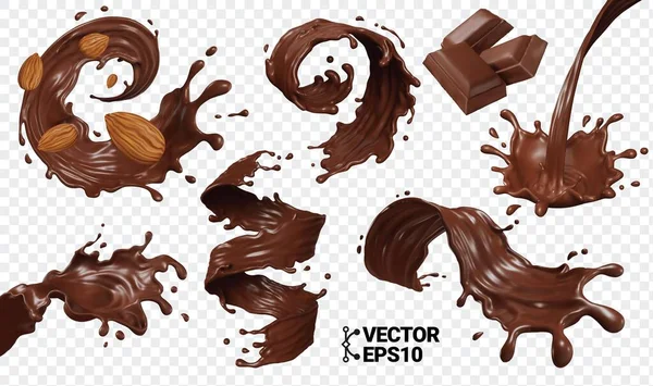 Шоколадный Всплеск Изолировать Реалистичные Векторные Eps Набор Кусочки Шоколадной Плитки — стоковый вектор
