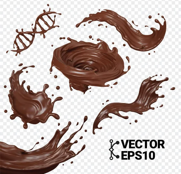 Chocolate Splash Izolować Realistyczne Wektor Eps Ustawić Wirować Upuść Przepływ — Wektor stockowy
